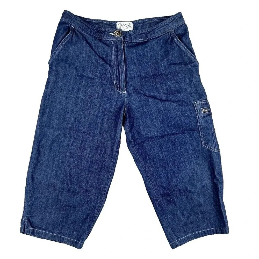 Girl Star Girls 9/10 Blue Cargo Capri Jeans Relaxed Wide Leg Utility Denim